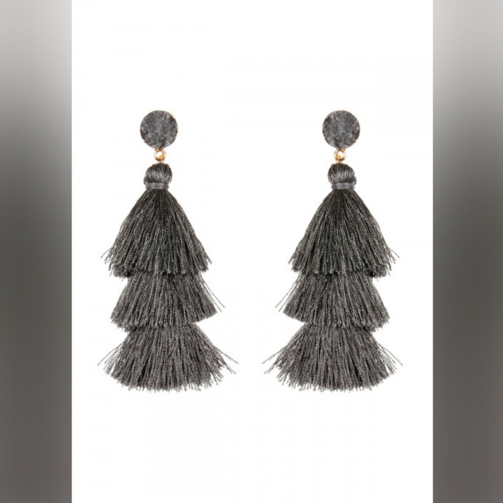Dark Gray Druzy Stone Tassel Earrings